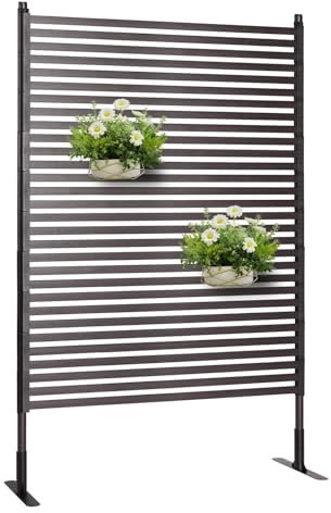 Lalahoni Outdoor Privacy Screen, Metal Privacy Fence Panels for Outside, Patio Privacy Screen Freestanding, 3.5 ft W x 6 ft H Slatted Privacy Screens and Panels with Stand, Dark Brown, 1 PC