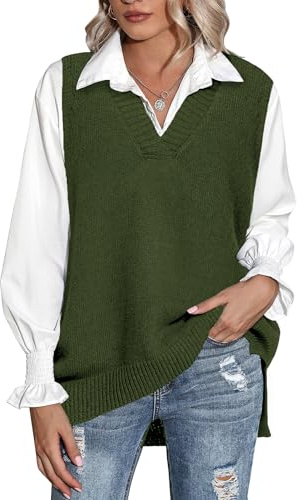 Zeagoo Sweater Vest Women Sleeveless V Neck Oversized Pullover Knitted Tops 2024 Fall Outfits Army Green