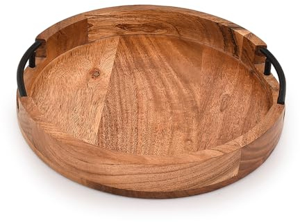Mahasu Vassoio rotondo in legno di acacia, con manici in ferro, per tavolino da caffè, centrotavola, bancone della cucina (30,5 x 30,5 x 4,1 cm)