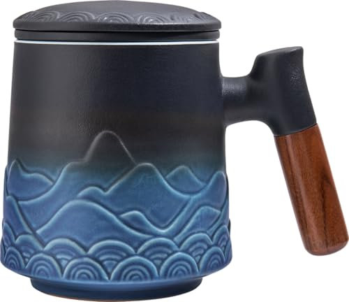Zenoza Teetasse mit Deckel und Sieb, 500ml Teetassen Groß, Tasse mit Teesieb Henkel, Teebecher Keramik Handgemacht, Geschenk für Teeliebhaber, Blaue