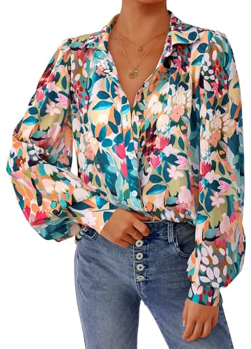 PRETTYGARDEN Women's Floral Blouses Dressy Casual V Neck Button Down Shirts Lantern Long Sleeve Boho Chiffon Spring Tops 2026(Floral Blue Green,L)