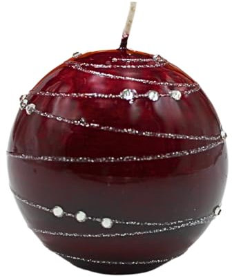 Edle Kugelkerze, Tischkerze, Dekokerze, Wachskerze mit Edelsteinmotiv, Dekoschalenkerze als Kugel 8 cm Silberstreif, in Bordeaux.