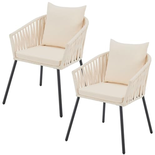 Juskys Rope Gartenstühle 2er Set wetterfest - bis 160 kg belastbar - Sitz- & Rückenkissen aus Polyester - 2 Stühle aus Stahl & Polypropylen für Garten, Terrasse & Balkon - Beige