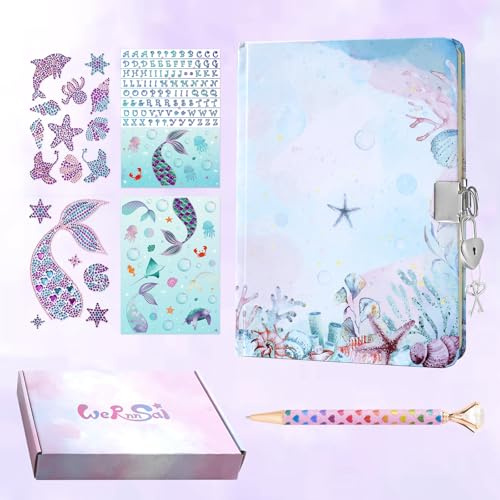 WERNNSAI Kids Diary Set for Kids Journal Kit - Kids Gold Foil Journal with Lock and Keys, Kids Diary with Pen & Stickers, Private Diary A5 Lined Writing Notebook, Kids Gift Set (Diamond Mermaid)