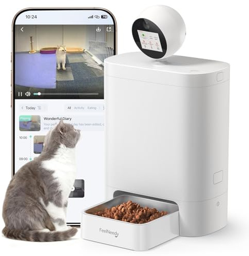 FEELNEEDY Automatic Cat Feeder with Camera, 2K 360° Pan/Tilt HD, AI Motion Detection, Auto-Capture & Video Editing, User Sharing, Dual Power & Anti-Jam Design, 5.5L for Cats & Small to Medium Dogs