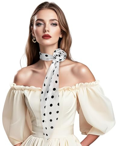 DAMILY Foulards Femme Petit Foulard Longue Écharpe Maigre Cravate Accessoires pour Cheveux Sommer Modisches Pois Schal Poignée Ruban pour Femmes(Weiß Pois)