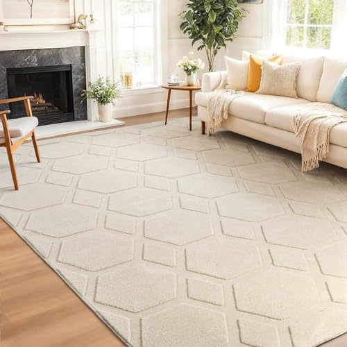 Homcomodar Wohnzimmer Teppich 200x300cm Beige Waschbarer Kinderzimmer Teppich Groß Kurzflor rutschfest Teppiche 3D Geometrisch Moderner Weich Teppiche für Esszimmer Schlafzimmer Büro