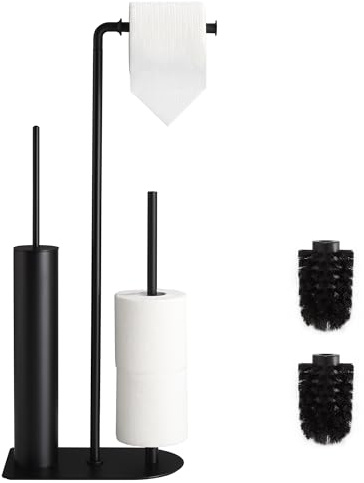 Porte Papier Toilette avec Porte-Brosse et Rangement, Porte Rouleau Papier Toilettes Salle de Bain, Porte Papier sur Pied Toilettes Nickel brossé résistant à la Rouille sans perçage (Noir)