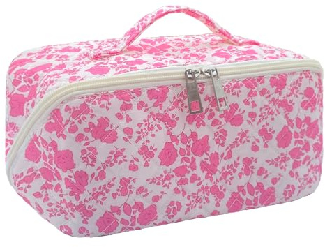 WYJ Pink Large Quilted Floral Makeup Bag Cute Coquette Aesthetic Cosmetic Bag Open Flat Travel Toiletry Make up Bag for Women
