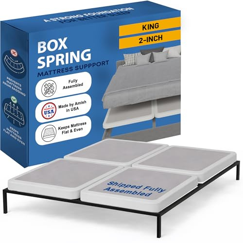 Greaton, Box Spring Bed Base King Size, 2-Inch Wood Mattress Foundation - Amish Made in USA – Quiet Noise Free, 4-Pieces Under Mattress-Support BoxSpring, Fully Assembled, White