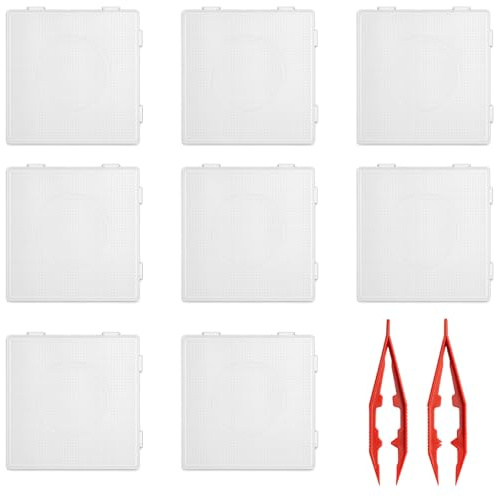 Bügelperlen Platten, Bügelperlen Set mit 8 Stücke Vorlagen und 2 Stücke Zangen, 5 mm große Quadratische Schablonen, Kompatibel mit 14,5 mm Bügelperlen,Transparente Steckplatten Quadratisch Steckperlen
