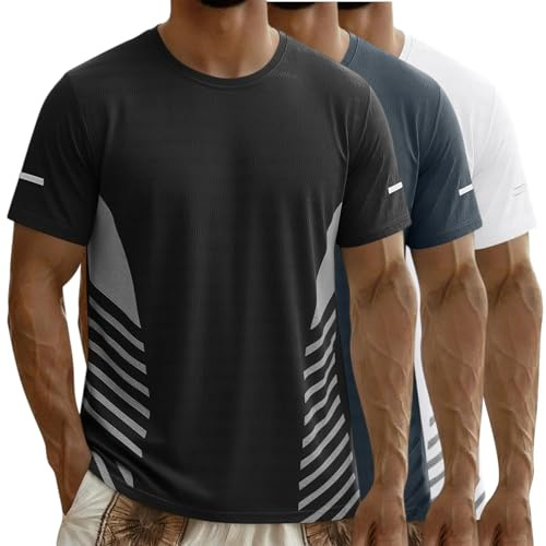 3 Pack, Ice Silk T Shirts for Men UK Quick Dry Sport Tops Summer Crew Neck T-Shirt Breathable Wicking Tshirts for Running Athletic Gym Workout Training