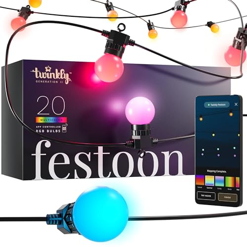 Twinkly Festoon 20 LED RGB, Lichterkette mit 20 LED-Lampen, Mehrfarbige RGB Außen- und Innenbeleuchtung, Kompatibel mit Alexa, Google Home, Gaming-Lichter, IP44, App-Steuerung, Schwarzes Kabel, 10m