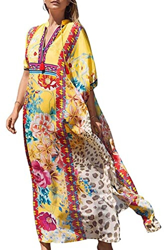 Bsubseach Ethnique Imprimé Bikini Cover Up Pour Maillots De Bain Femme Longue Plage Loose Robe Kaftan Caftan Loungewear