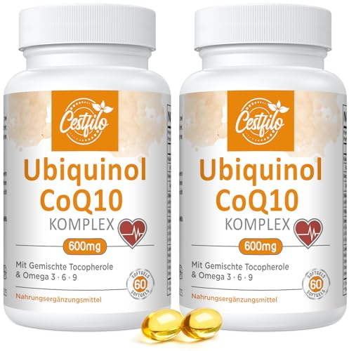 Ubiquinol CoQ10 600 mg gélules softgel - Forme active de CoQ10 plus vitamine E & oméga 3 6 9 - Antioxydant avancé coenzyme Q10 Complément alimentaire pour le cœur et le cerveau (60 unité (Lot de 2))