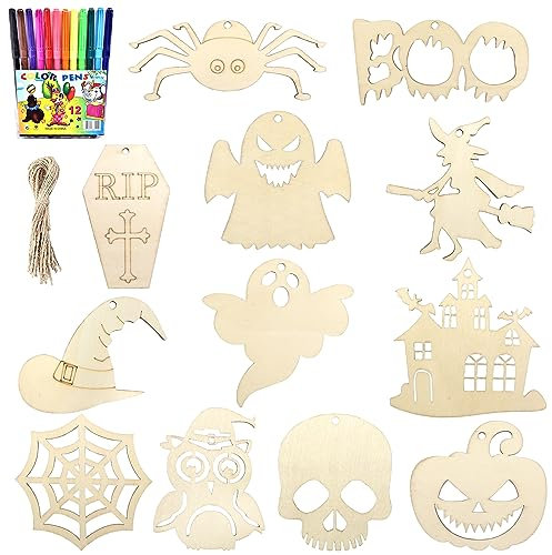 Lot de 24 pièces de bricolage en bois pour enfants, kit de bricolage citrouille, pendentif en bois, corde de chanvre, décoration d'automne, jouet d'Halloween pour enfants, jouets pour Halloween,