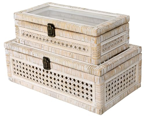 DECOR4SEASON Rattan and Cane Stacking Boxes with Glass Top Lid - Set of 2 11.8 and 14.1, for Boho and Rustic Farmhouse Decor, White Wash
