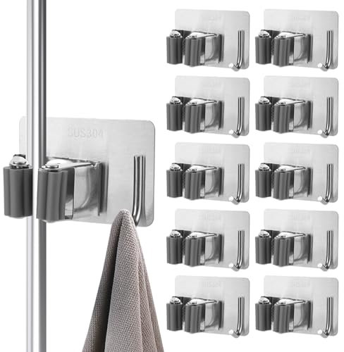 YAYODS 10 Stück Besenhalterung Wand - Edelstahl Gerätehalter Selbstklebend - Besenhalter mit Haken für Küche, Badezimmer, Balkon, Garage, Garten