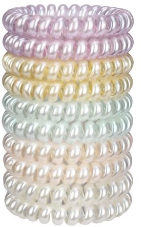 JessLab Spiral Hair Ties, 10 Pcs No-Damage Elastic Bands, Bobbles for Women | Pearl White, Small Clear Coils for Thick or Fine Ponytails, Kids and Girls, Water-Resistant for Swimming, Gym, School