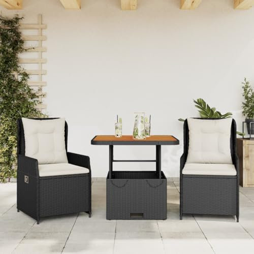 LAPOOH 3-TLG. Bistro-set med kudde svart poly rotting, trädgårdsset bord och stolar, balkongmöbler för liten balkong, utemöbler, balkongset, balkongmöbler, möbeluppsättningar – 3262765