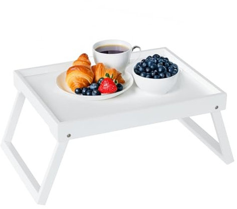 Bamboo Bed Tray Table with Folding Leg, Breakfast Tray for Eating Kitchen Serving, Food, Sofa, Snacking or Working, Laptop Desk Dinner(White)