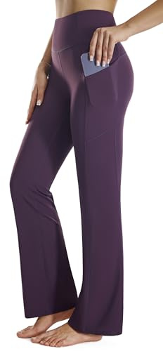 Persit Pantalon évasé Bootcut pour femme, pantalon de yoga, de sport, de jazz avec poches latérales, gris foncé et violet, L