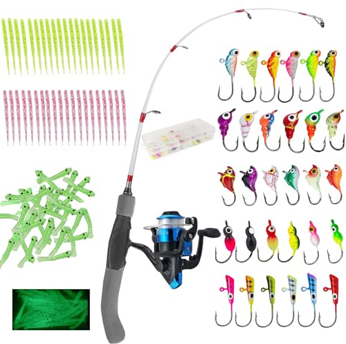 Generic 122Pcs Ice Fishing Rod Reel Combo, 24 Medium Light Ice Fishing Rod Kit with Ice Fishing Jigs, Lures for Trout, Walleye, Perch, Panfish Bluegill Crappie
