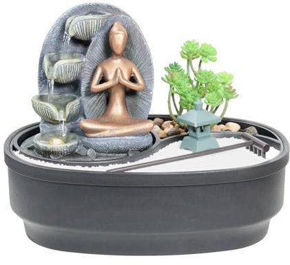 LEMODO Zimmerbrunnen mit LED-Beleuchtung, Tischbrunnen mit Buddha “Modern Namaste”, dekorativer Zierbrunnen mit Wasserfall und Zen Garten, Wasserbrunnen für Zuhause, Zimmerbrunnen als Zimmer Deko