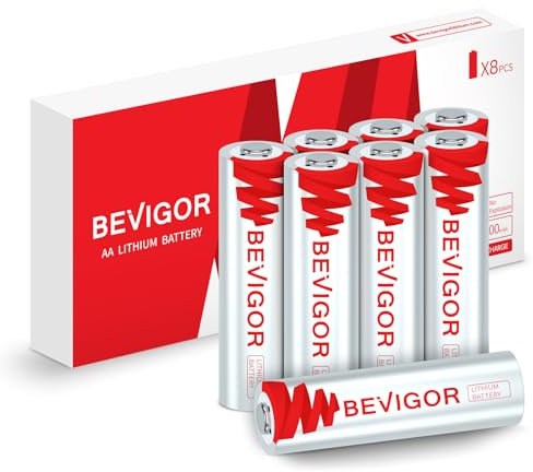 BEVIGOR 8 Baterías AA de Litio, 3000mAh 1.5V Alta Capacidad, Baterías AA no Recargables, para Múltiples Electrodomésticos y Equipos de Seguridad