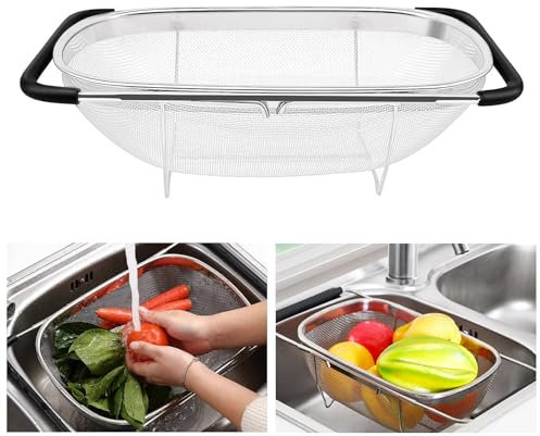 Waschbecken Sieb aus Edelstahl, Ausziehbar Rostfreier Stahl Spülbecken Sieb mit Feinsiebkorb und Gummigriff Siebs für Spüle zum Abseihen Abtropfen Waschen von Obst Gemüse (27x18x11cm)