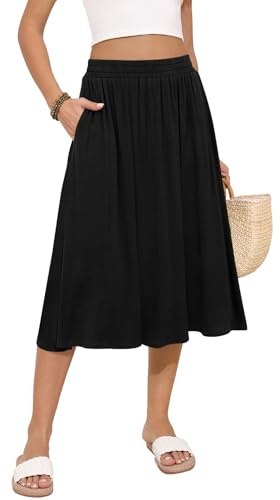 MLXSJ Women's Midi Skirt Summer Flowy Elastic High Waisted Casual Pleated Skirts with Pockets (Black, XL)