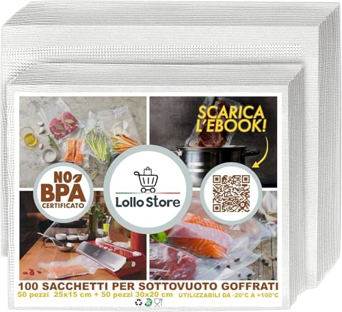 100 Sacchetti Sottovuoto Alimenti con Ricettario 50 pz 15x25cm, 50 pz 20x30 cm per Sous Vide in Ebook - Sacchetti Sottovuoto per Alimenti Goffrate - Buste Sottovuoto Alimenti Bpa Free