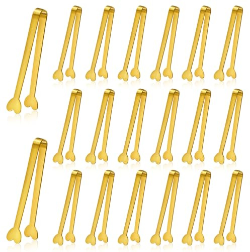 20-Packs Mini Serving Tongs, Stainless Steel Small Appetizers Tongs, Metal Kitchen Tongs, Ice Sugar Tongs for Serving Food (5inch，Gold)