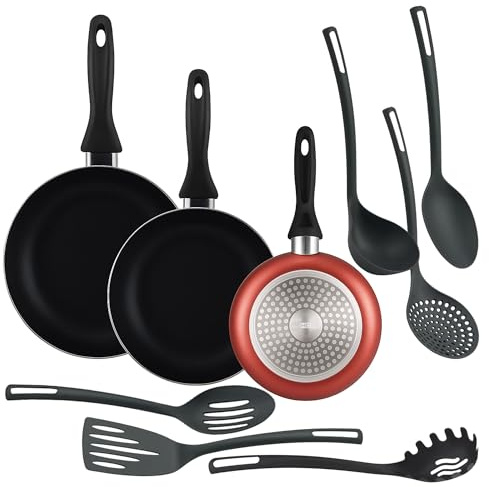 Well Home Set de 3 Sartenes Ø16Ø20Ø24cm de Aluminio prensado en Cobre metalizado + 6 Utensilios de cocina en PBT color Negro