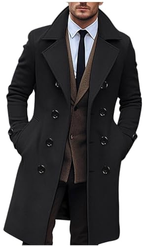 Générique Manteau Homme en Laine Hiver Long Veste Col Cranté Trench Coat Classique Caban Veste Pardessus Parka Décontracté Manteaux Habillé épais Overcoat Couleur Unie Duffle-Coats Vêtements Noir L