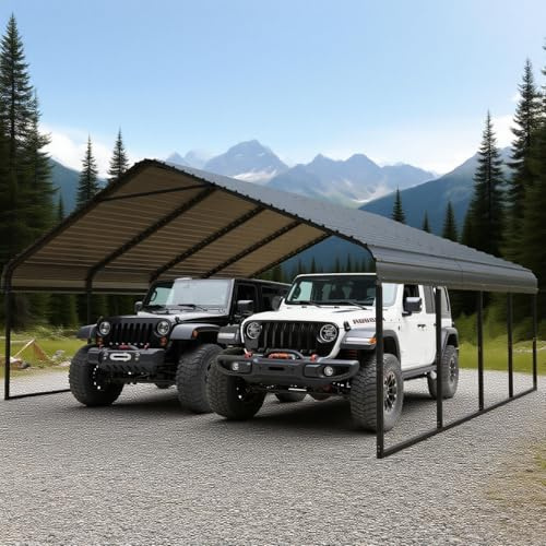 20x20 FT Heavy Duty Extra Large Metal Carport with Vertical Roof Design - All Weather Protection Galvanized Steel Shelter for 2 Car, Dual Vehicle, RV and Boat Storage (20x20 FT)