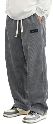 Generico Kirakuco Pantaloni Giapponesi Uomo Larghi Pantalonis di Velluto A Coste Lunghi Taglio Dritto Modello Pantalone con Vita Elasticizzata e Cordino Baggy Elasticizzati Casual Joggers Grigio M