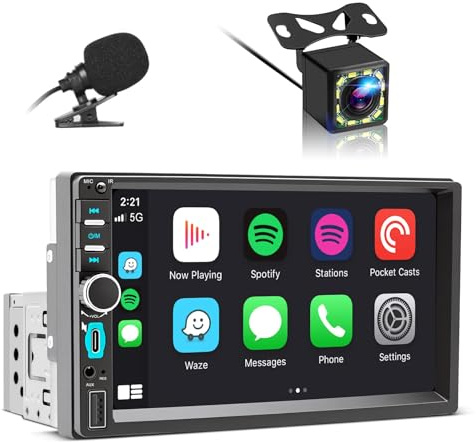 Radio Coche 1 DIN con Carplay Android Auto Inalámbrico - Pantalla Táctil de 7 Pulgadas, Radio CarPlay 1 DIN Soporte Mirror Link para con Cámara de Respaldo, FM Radio/Type-C de Recharge/Mic/Bluetooth