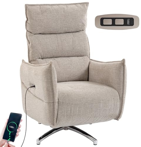 HOMCOM Fauteuil Relax Électrique Inclinable Pivotant TV Beige | Ports de charge, aspect lin, repose-pieds, dossier haut, pour chambre et salon