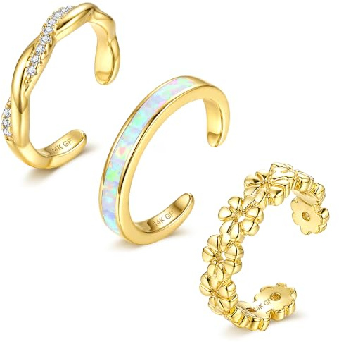 Morfetto Set de 3 Anillos para Pies Ajustables para Mujer Rellenos de Oro de 14K Diseño Abierto con CZ Flor y Ópalo Resistentes al Deslustre Joyería de Verano para Playa