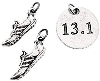 Running SHOE 13.1 Round Pewter Charm Set - Pair of Running Shoe Charms - TWO (2) Pewter Running Shoe Charms and 1 Round Pewter 13.1 Charm in Organza Bag
