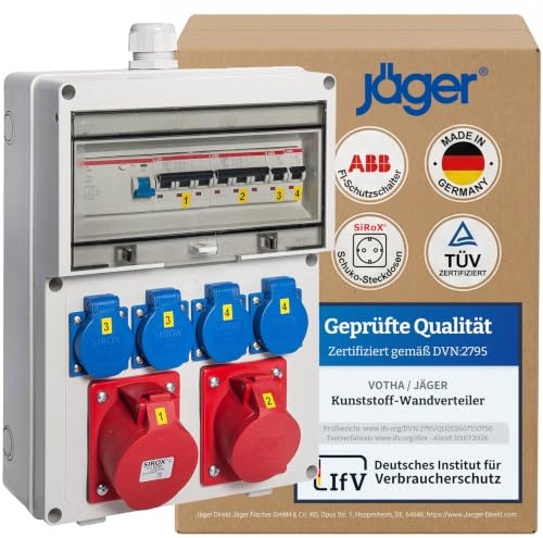 VOTHA Väggfördelare WÜRZBURG | Trådbunden kontaktkombination för väggmontering | CEE 32 A & 16 A 4 x 230 V | FI-brytare och LS-omkopplare | IP54 | Låsbart makrolonskydd