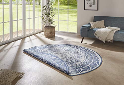 NORTHRUGS In- und Outdoor Teppich Siruma Rund ⌀140cm - Wendeteppich Wetterfest Orientalisches Vintage Design Läufer für Balkon Terrasse Garten Wintergarten Wohnzimmerteppich Wasserfest in Blau Creme
