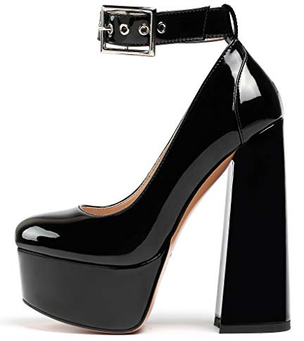 elashe-Scarpe da Donna - 16CM Scarpe col Tacco Blocco Alto- Cinturino alla Caviglia- Scarpe con Plateau Nero Patent EU41