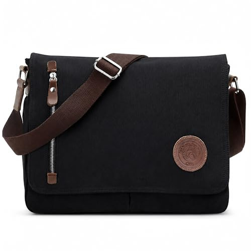 VARLIVOO Bolsos de Hombro para Hombre Bolsa de Mensajero 14 Pulgadas Laptop Bolsas Cruzados Conmutar Viaje Maletín Colegio Trabajo Lona Negro