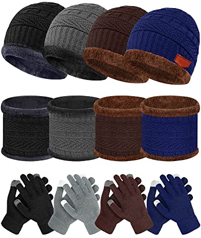 JaGely 12 Pieces Men Women Beanie Hat Scarf Gloves Set Winter Warm Slouchy Beanies Hat Knit Skull Cap Touch Screen Gloves Neck Warmer Gaiter for Men Women Snow Cold Weather with Fleece Lined, 4 Colors