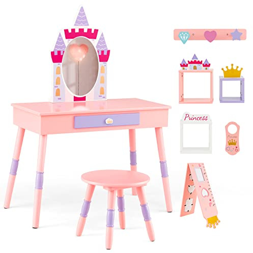 COSTWAY 2 in 1 Toeletta Trucco per Bambina 3+ Anni, Postazione Trucco per Ragazza in Legno con Sgabello e Cassetto e Accessori, 74 x 39 x 101 cm, Rosa