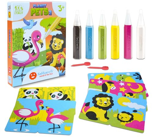 Sabbiarelli Sand-it For Fun - Kit Valpplaneten 2, Kreativt Sand Art-Set för Barn 3+: 6 Sandpennor och 5 Självhäftande A5-Blad med 10 Motiv - 2-i-1-Spel: Sandmålning och Hitta Paren