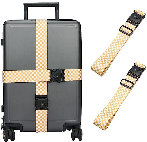 2 Stück Koffergurt, Kofferband Einstellbare, Personalisierter Gepäckgurt mit verschließbarer Schnalle für Koffer Gürtel Reisetasche (gelbes Plaid)