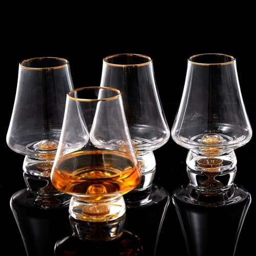 DUJUST Jeu de 4 verres à snifter (8 oz), verre à whisky en cristal avec feuilles d'or 24 carats, idéaux pour whisky/brandy/cognac/bourbon. Sans BPA ni plomb, cadeau parfait pour hommes.